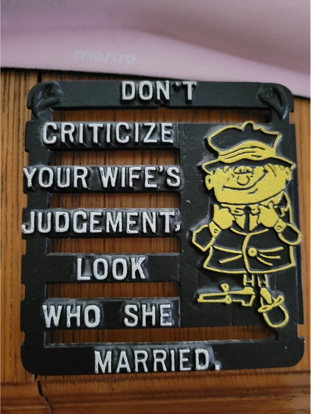 Vtg lot of 2 MCM Black Metal Kitchen Trivets Marriage Quotes Humor